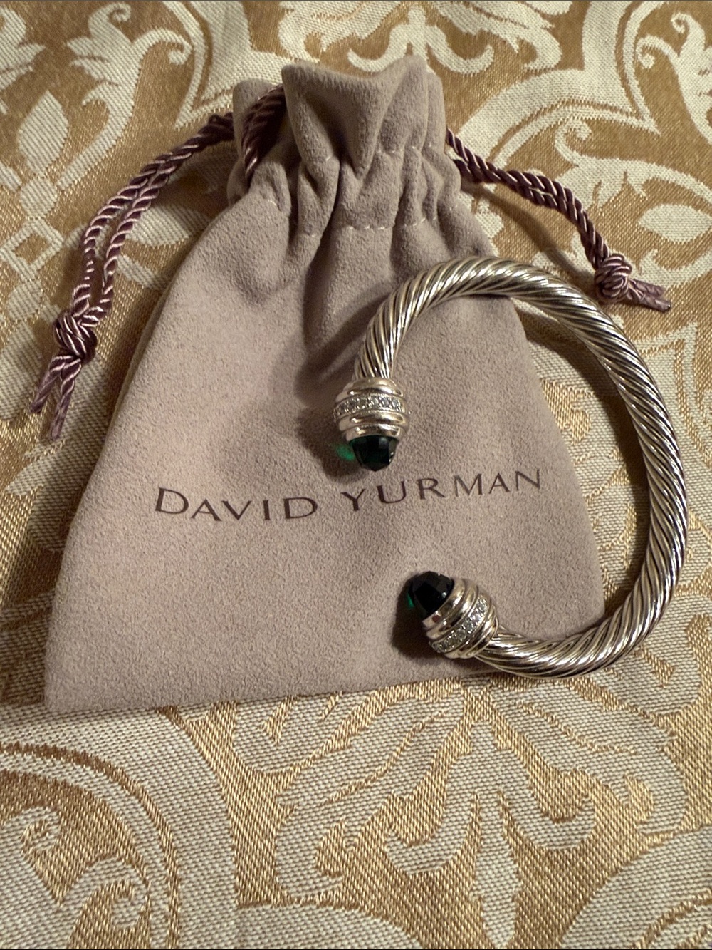 David Yurman Sterling Silver Cable Cuff with Green Stones and Diamond Accent